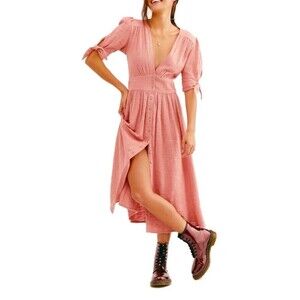 Free People Love of My Life Gauze Puff Tie Sleeve Pink Midi Dress Sz S Bohemian